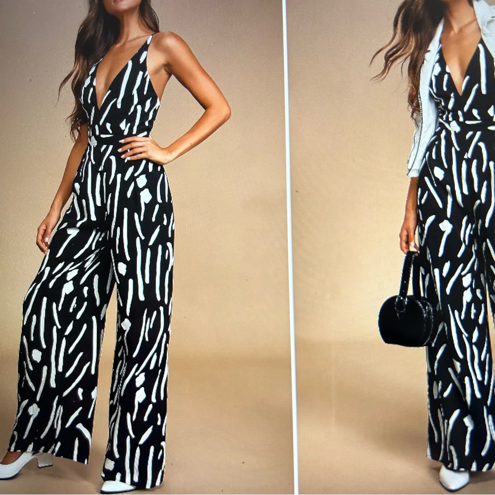LULU'S Irena Black and White Print Sleeveless Wide-Leg Jumpsuit, Size S, NWT